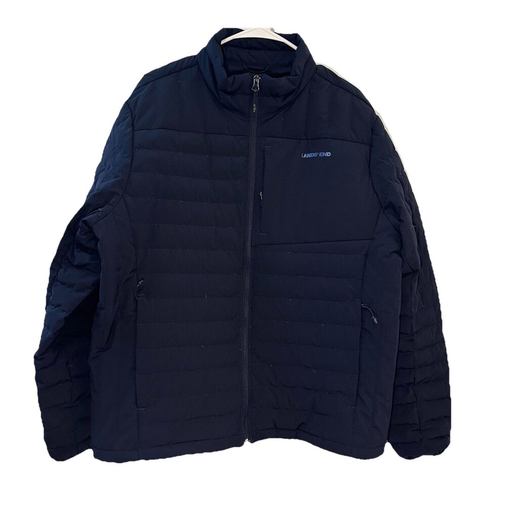 Lands’ End Mens Large 42-44 Navy Down Puffer Jacket Full Zip Stretch Coat
